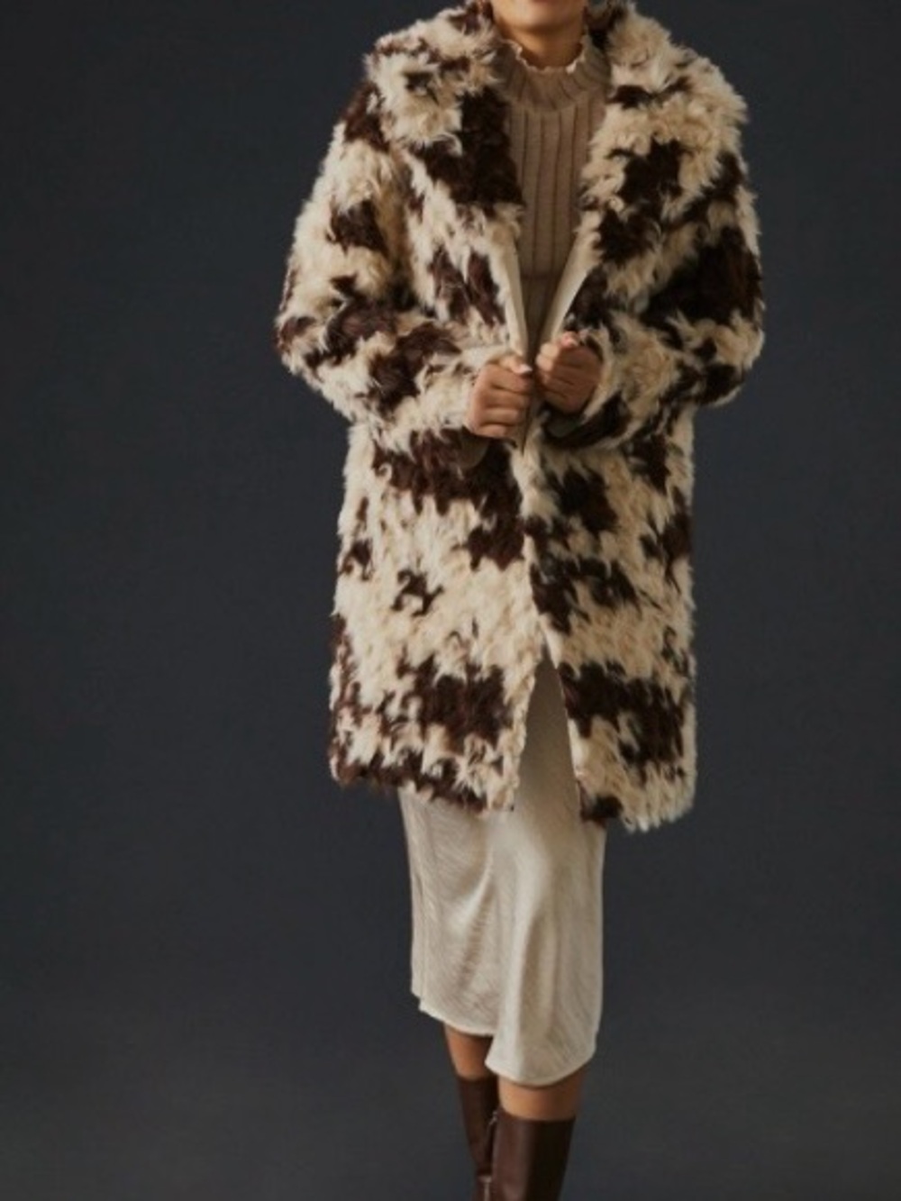 Anthropologie Cream & Brown Faux Fur Patchwork Teddy Coat